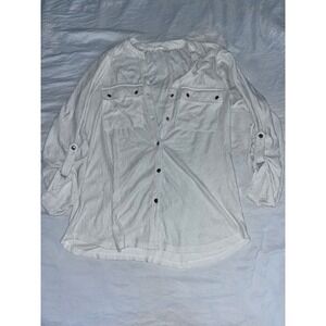 Como Blu White Button Down‎ Roll Tab Sleeve Top Blouse Womens Medium